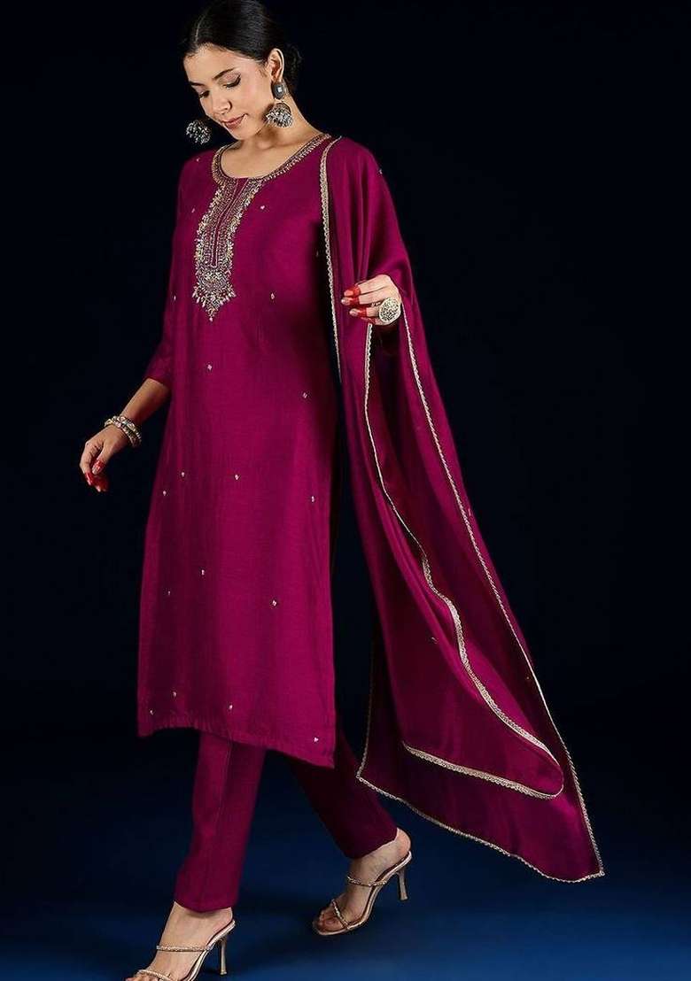 Purple Embroidery Silk Kurta Set - Indya