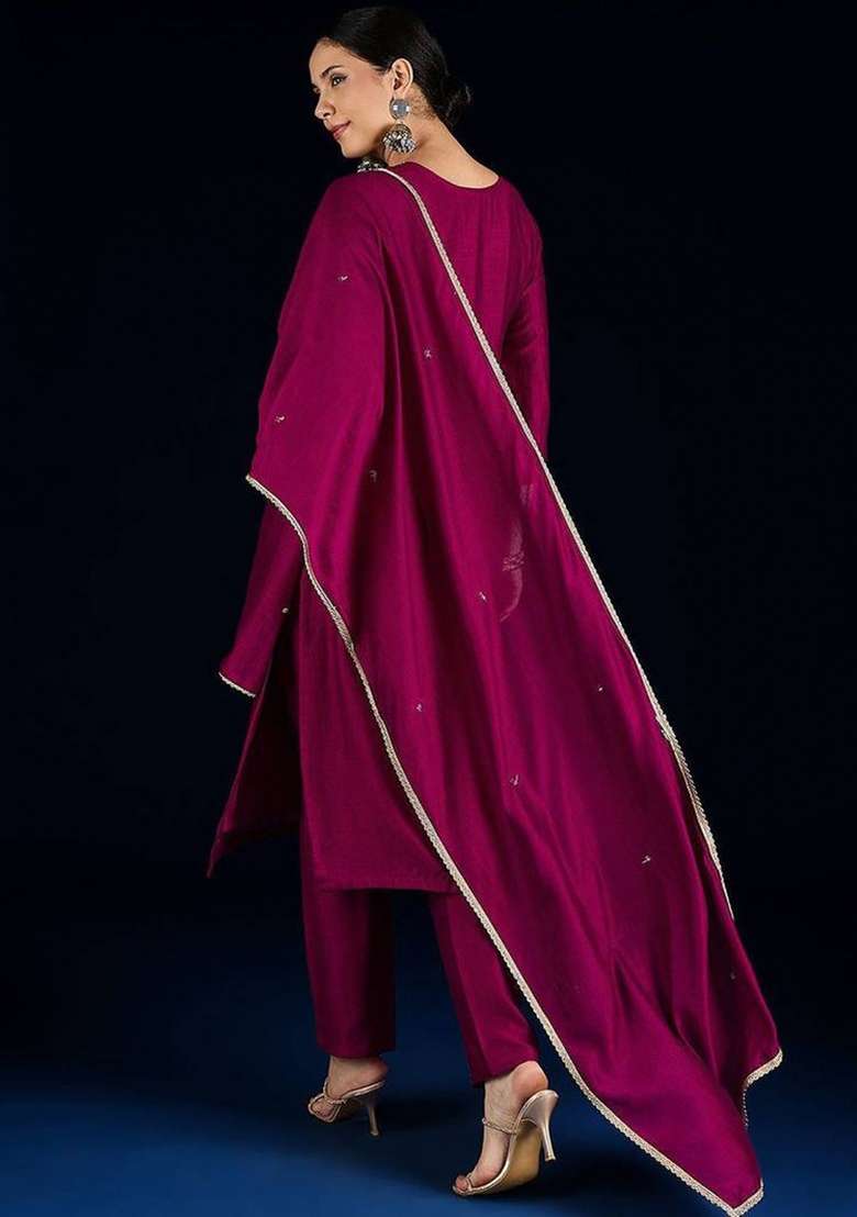 Purple Embroidery Silk Kurta Set - Indya