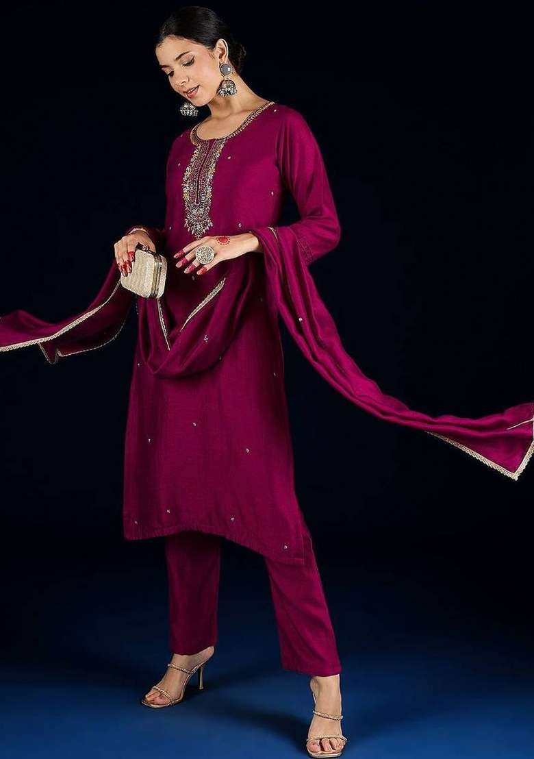 Purple Embroidery Silk Kurta Set - Indya