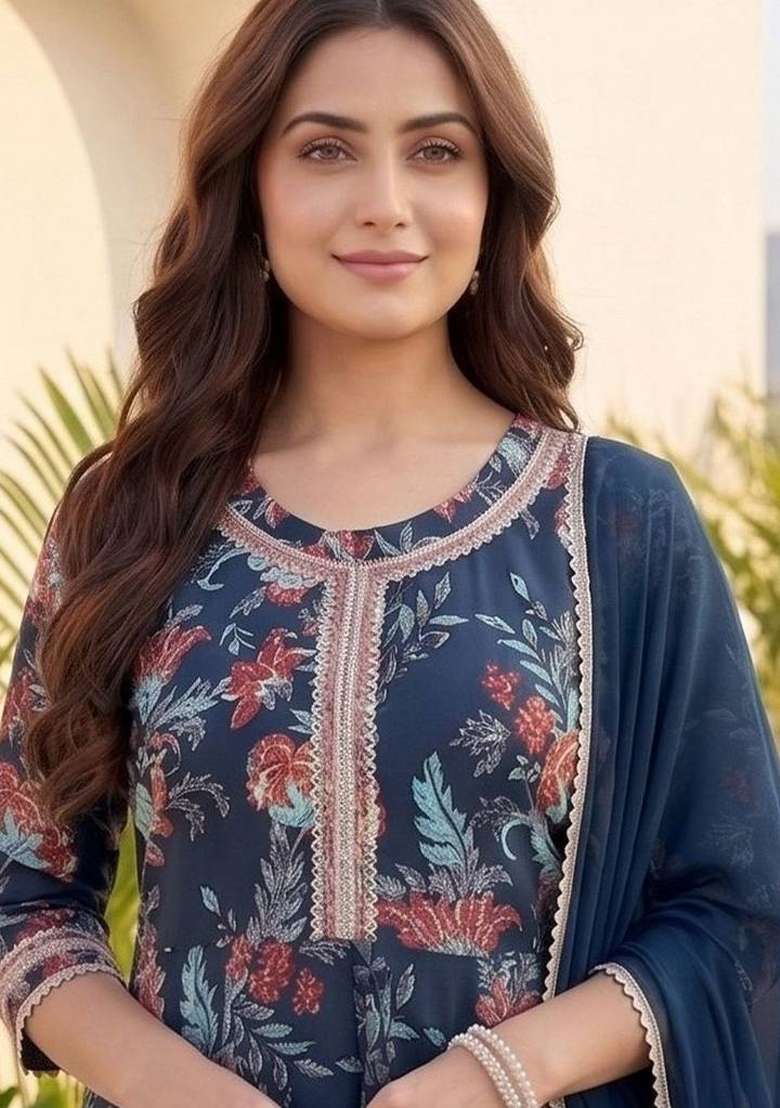 Navy Blue Printed Cotton Kurta Set - Indya