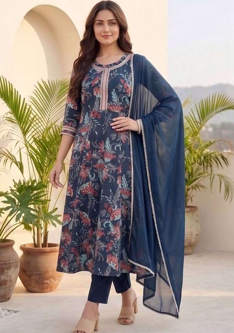 Navy Blue Printed Cotton Kurta Set - Indya