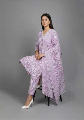 Purple Printed Cotton Kurta Set