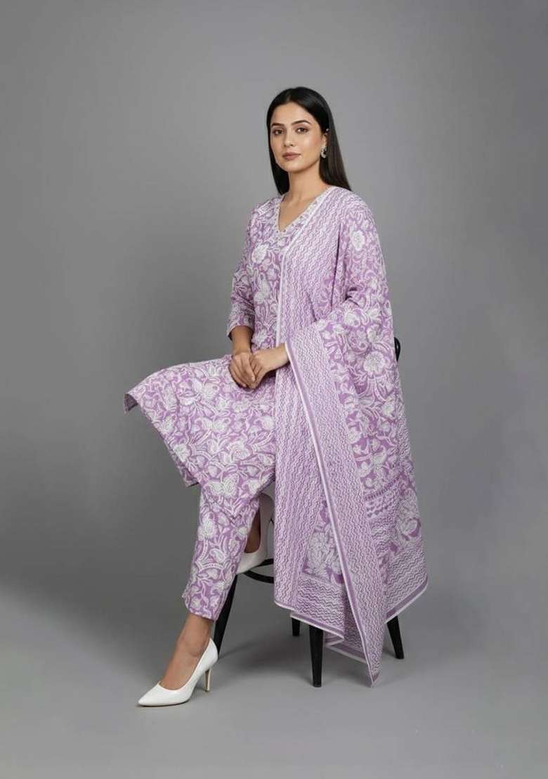 Purple Printed Cotton Kurta Set - Indya