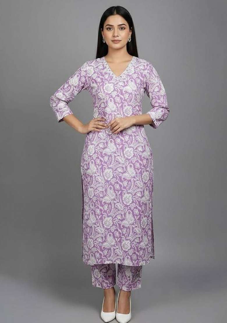 Purple Printed Cotton Kurta Set - Indya