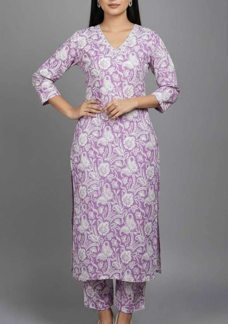 Purple Printed Cotton Kurta Set - Indya