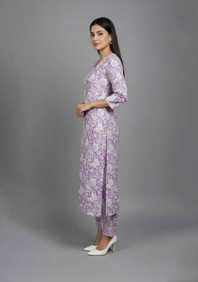 Purple Printed Cotton Kurta Set - Indya