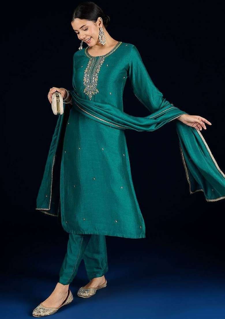 Teal Embroidery Silk Kurta Set - Indya
