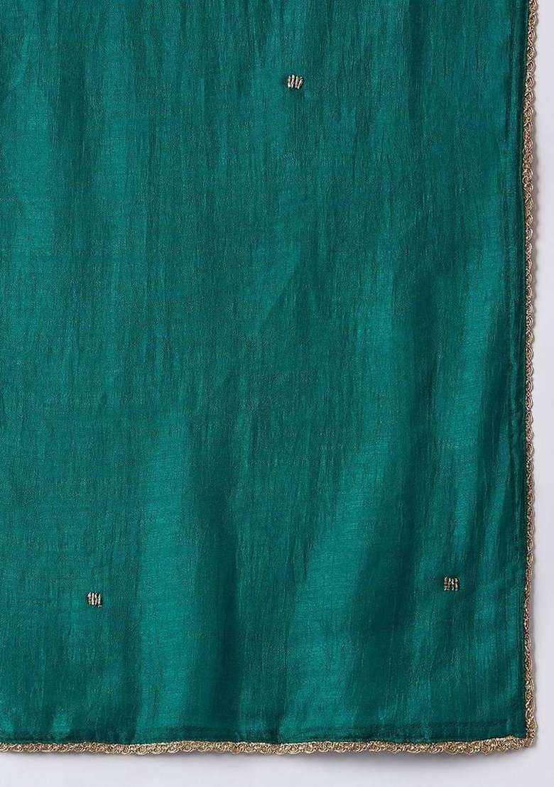 Teal Embroidery Silk Kurta Set - Indya