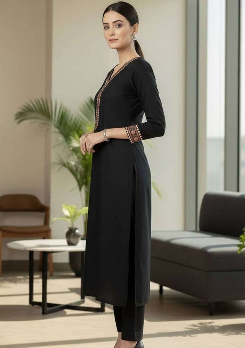 Black Printed Cotton Kurta Set - Indya