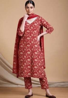 Red Printed Cotton Kurta Set