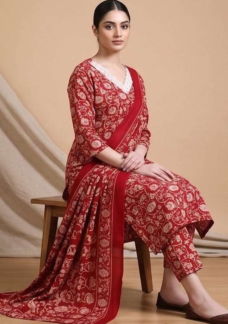 Red Printed Cotton Kurta Set - Indya