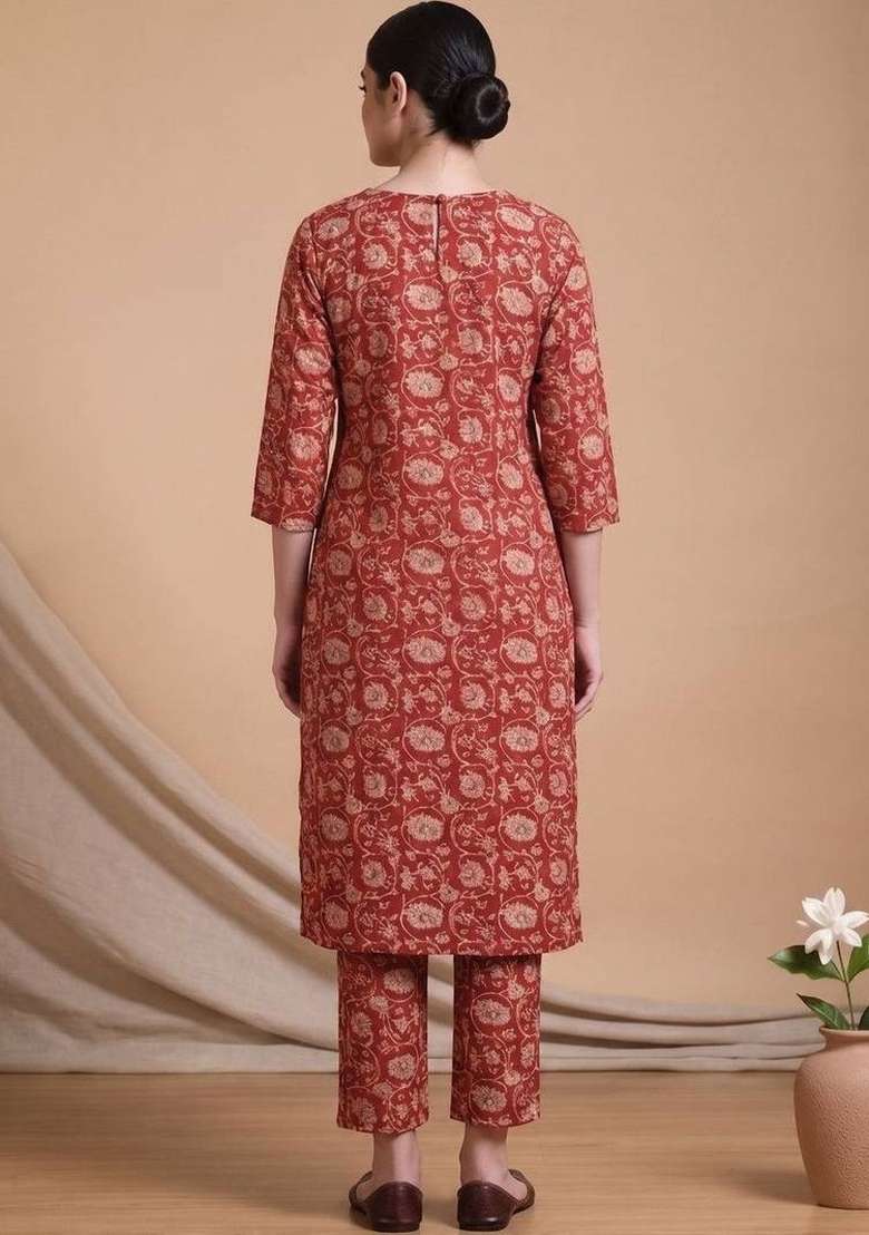 Red Printed Cotton Kurta Set - Indya