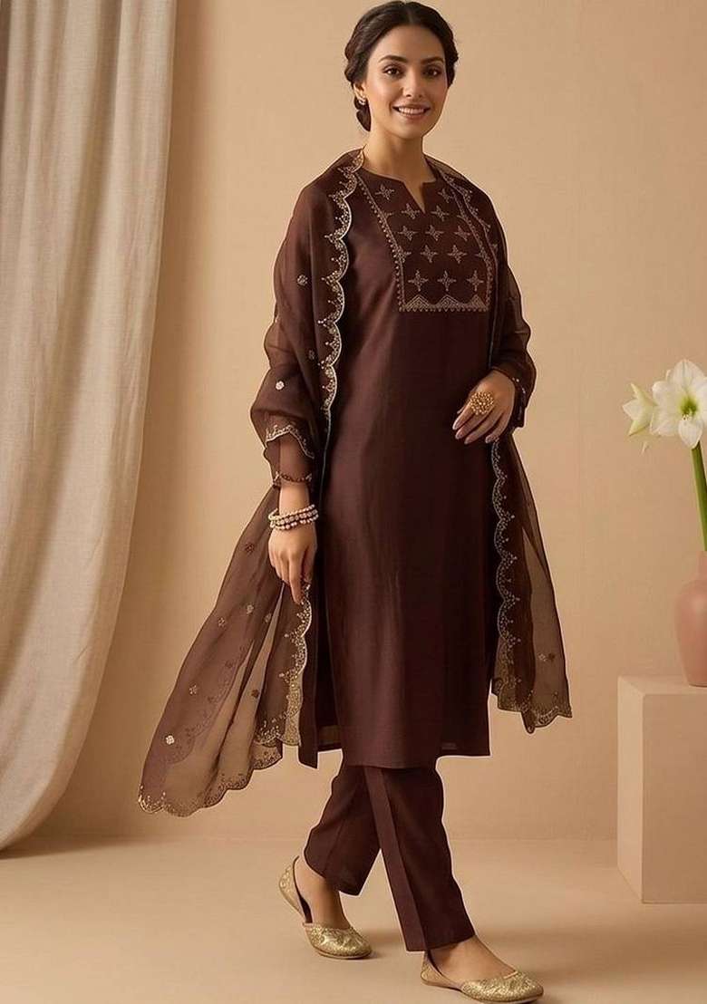 Brown Embroidery Cotton Kurta Set - Indya