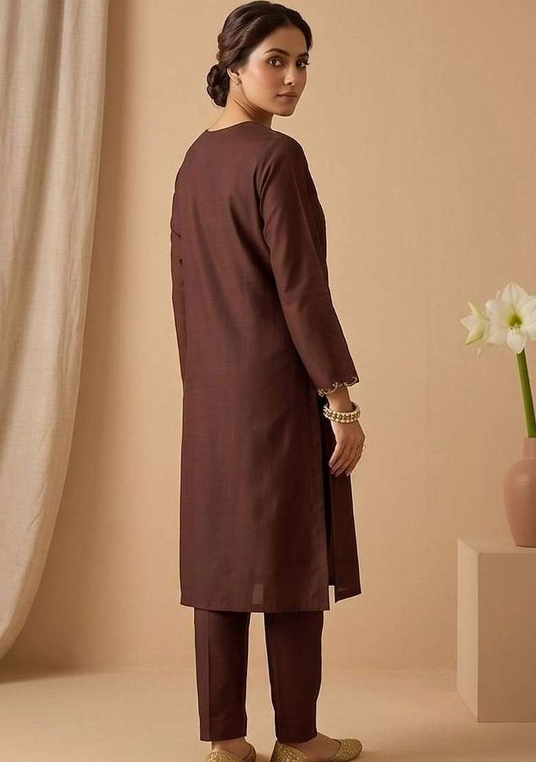 Brown Embroidery Cotton Kurta Set - Indya