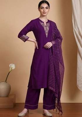 Purple Embroidery Silk Kurta Set