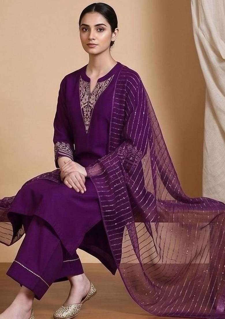Purple Embroidery Silk Kurta Set - Indya