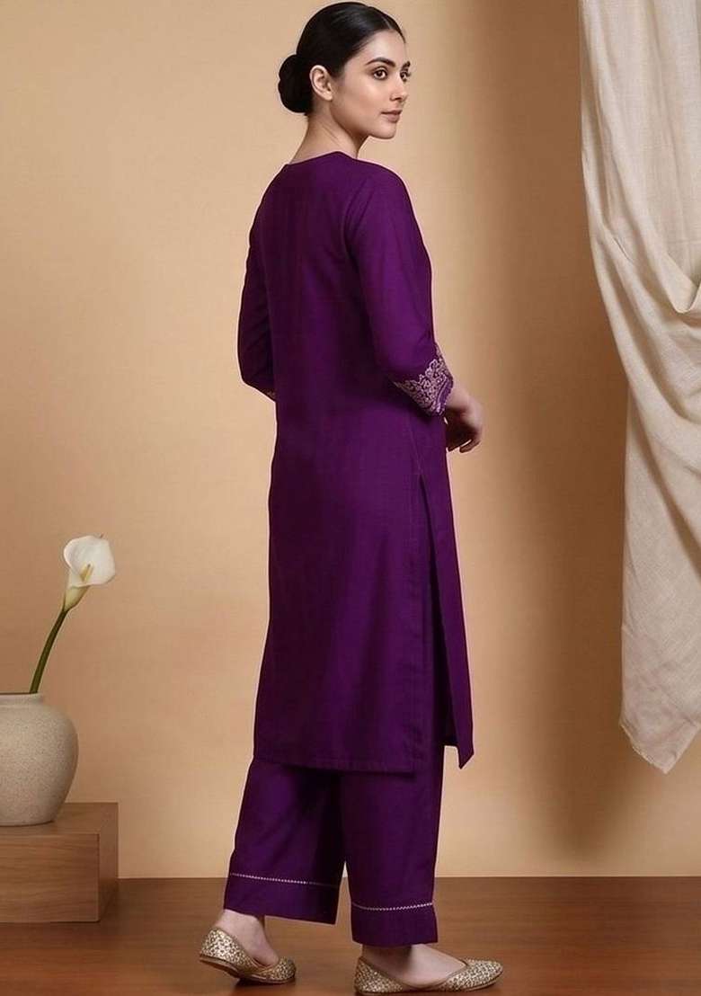 Purple Embroidery Silk Kurta Set - Indya