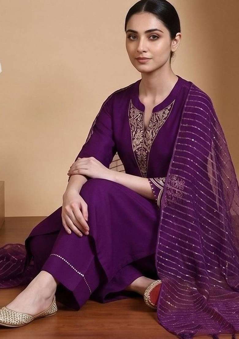 Purple Embroidery Silk Kurta Set - Indya