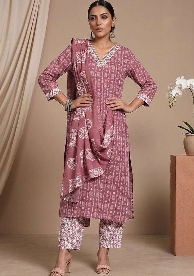 Pink Printed Cotton Kurta Set - Indya