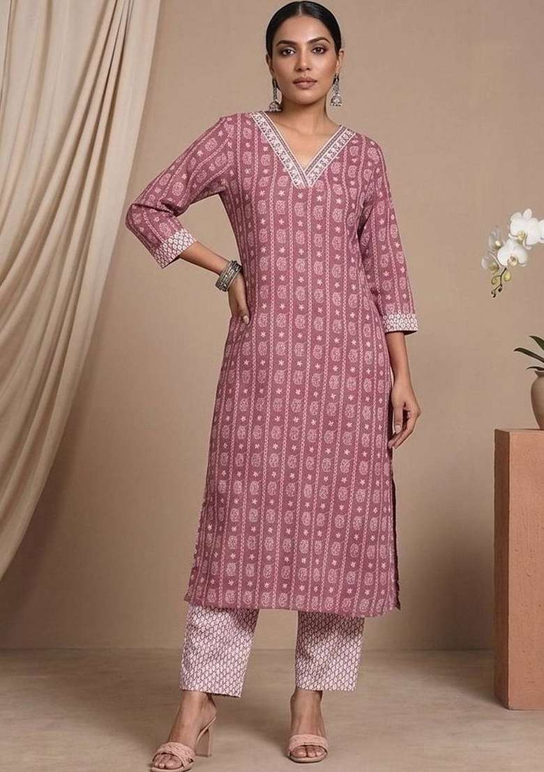 Pink Printed Cotton Kurta Set - Indya