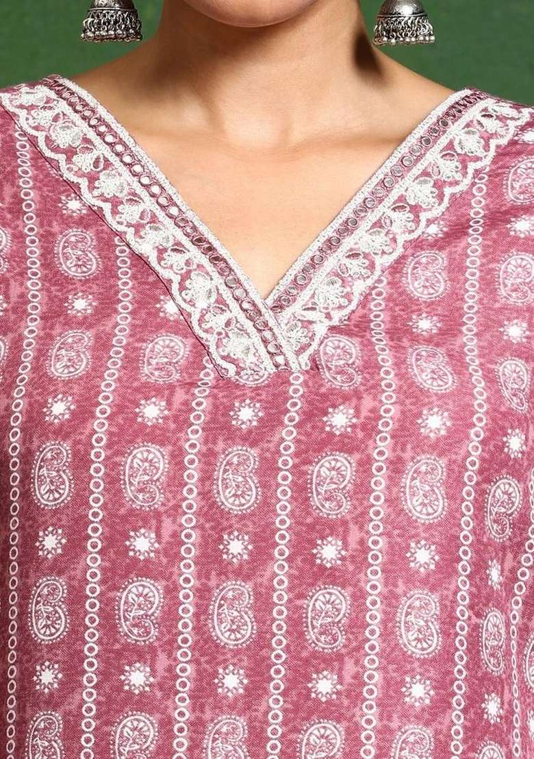 Pink Printed Cotton Kurta Set - Indya