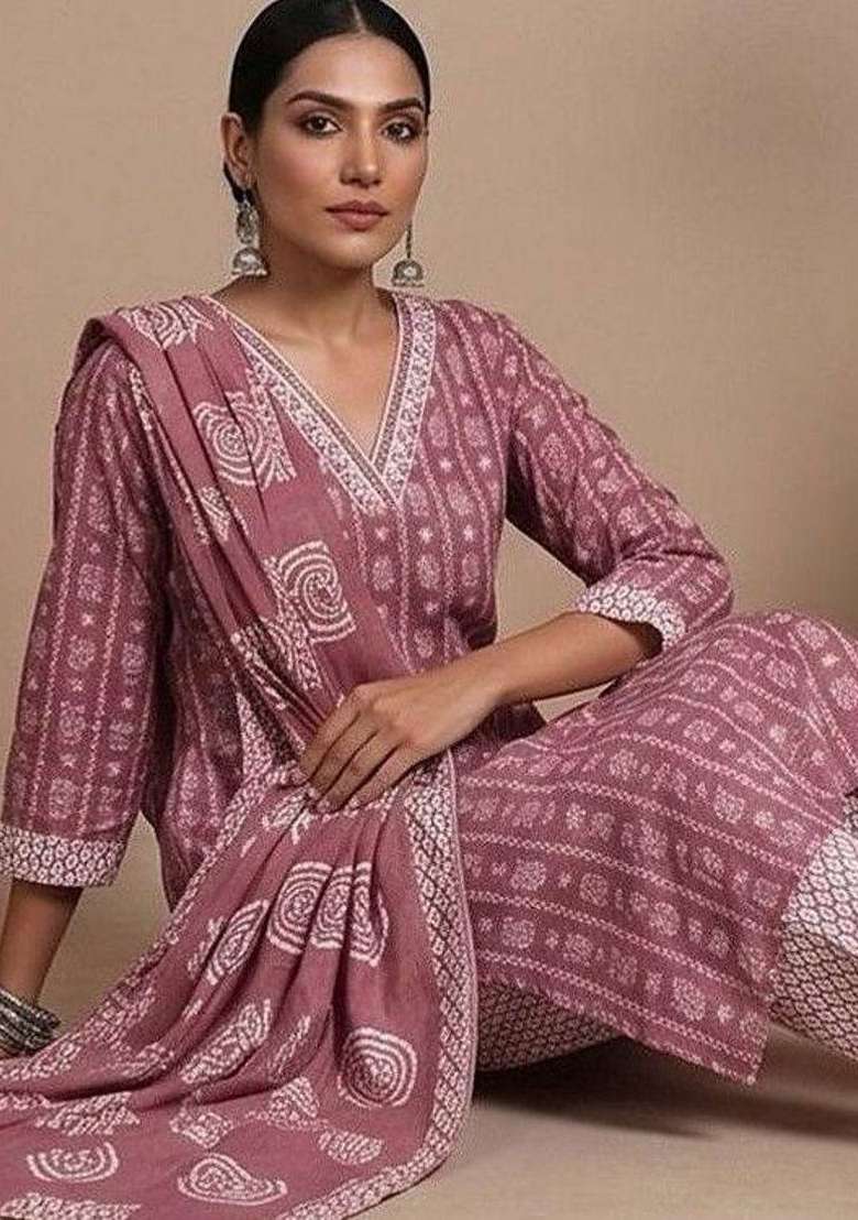 Pink Printed Cotton Kurta Set - Indya