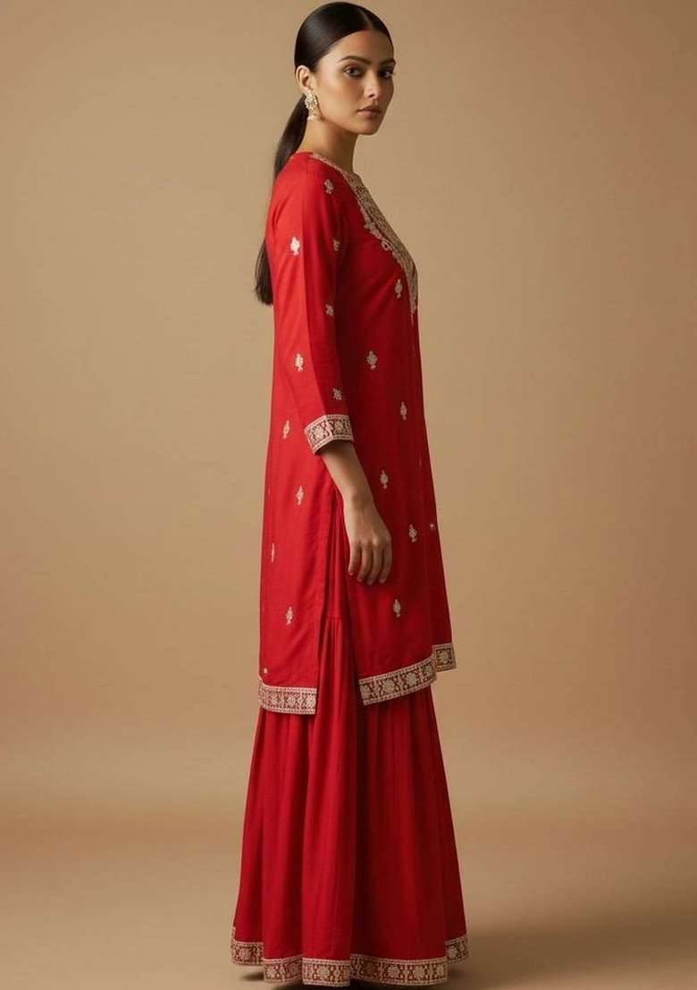 Red Embroidery Silk Sharara Set - Indya
