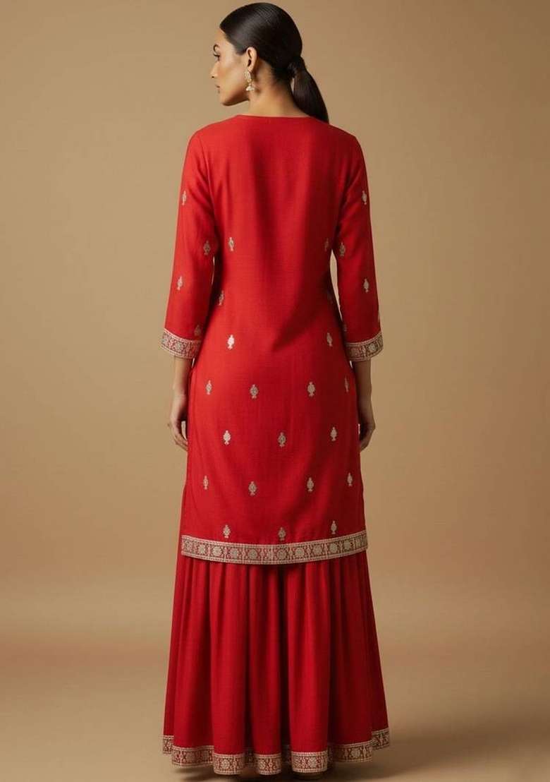 Red Embroidery Silk Sharara Set - Indya