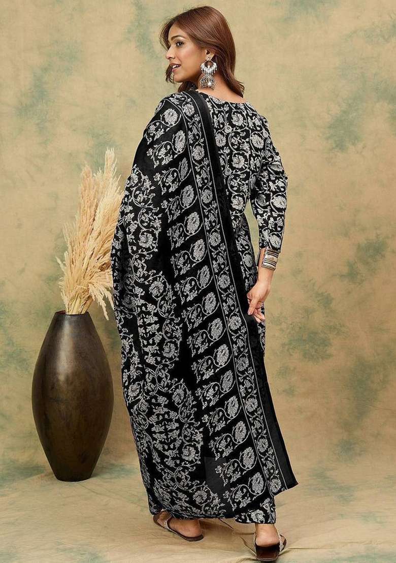Black Printed Cotton Kurta Set - Indya