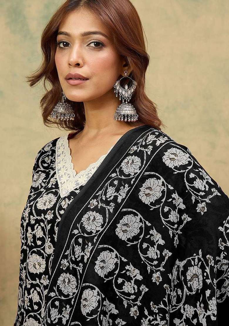 Black Printed Cotton Kurta Set - Indya