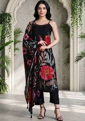 Black Printed Silk Kurta Set