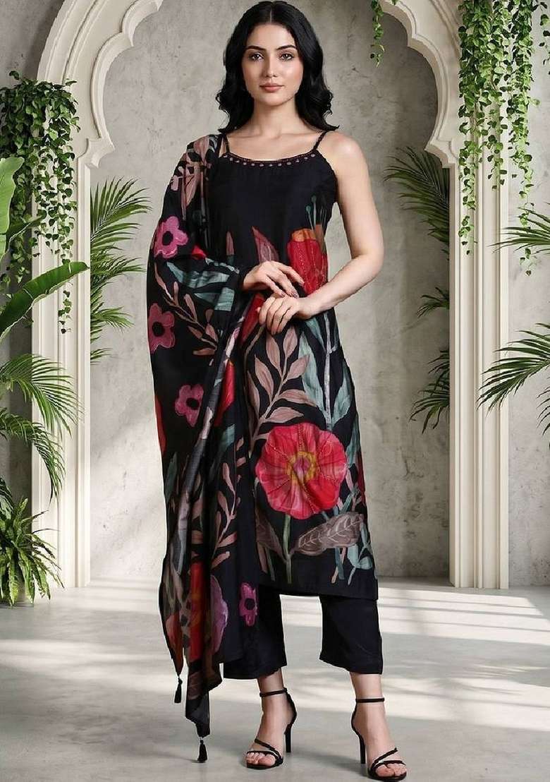 Black Printed Silk Kurta Set - Indya