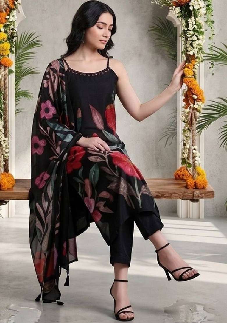 Black Printed Silk Kurta Set - Indya