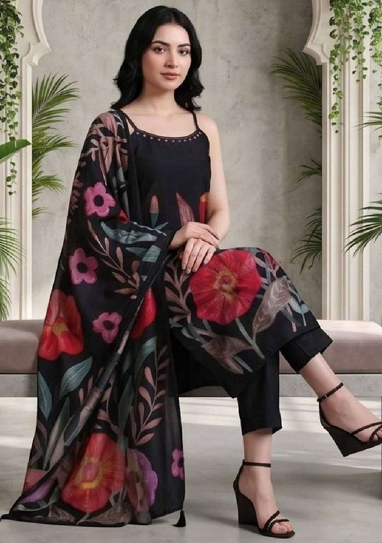 Black Printed Silk Kurta Set - Indya