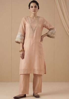 Peach Embroidery Silk Kurta Set