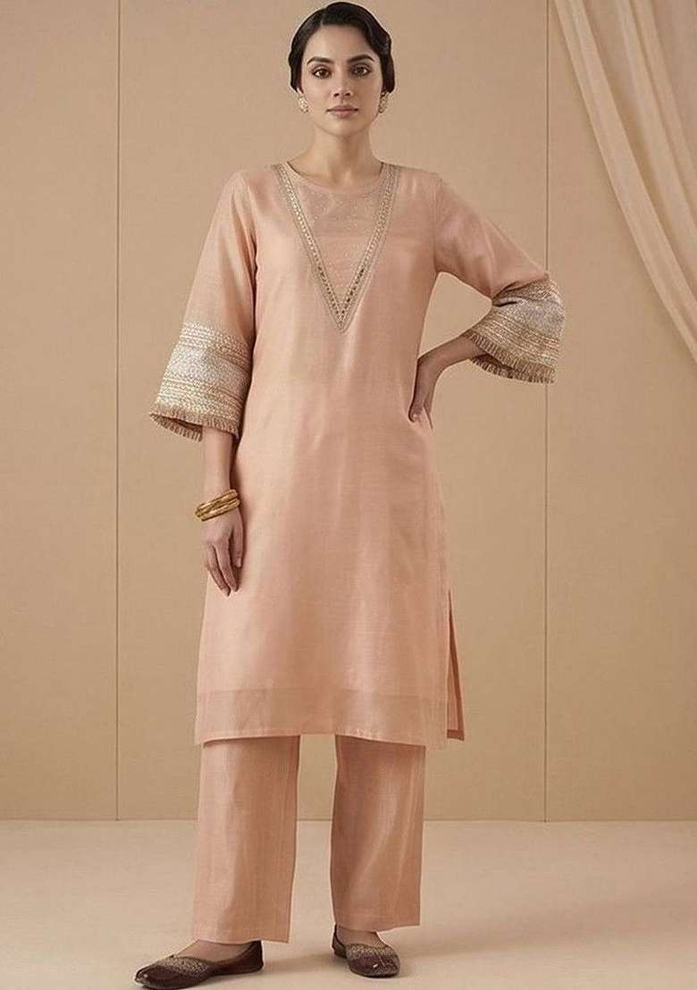 Peach Embroidery Silk Kurta Set - Indya