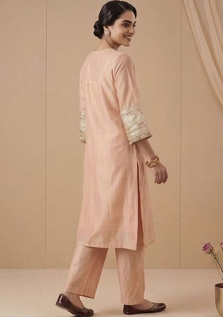 Peach Embroidery Silk Kurta Set - Indya