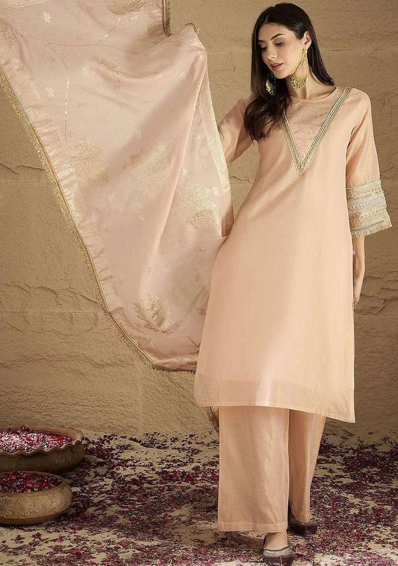 Peach Solid Silk Palazzo Set - Indya