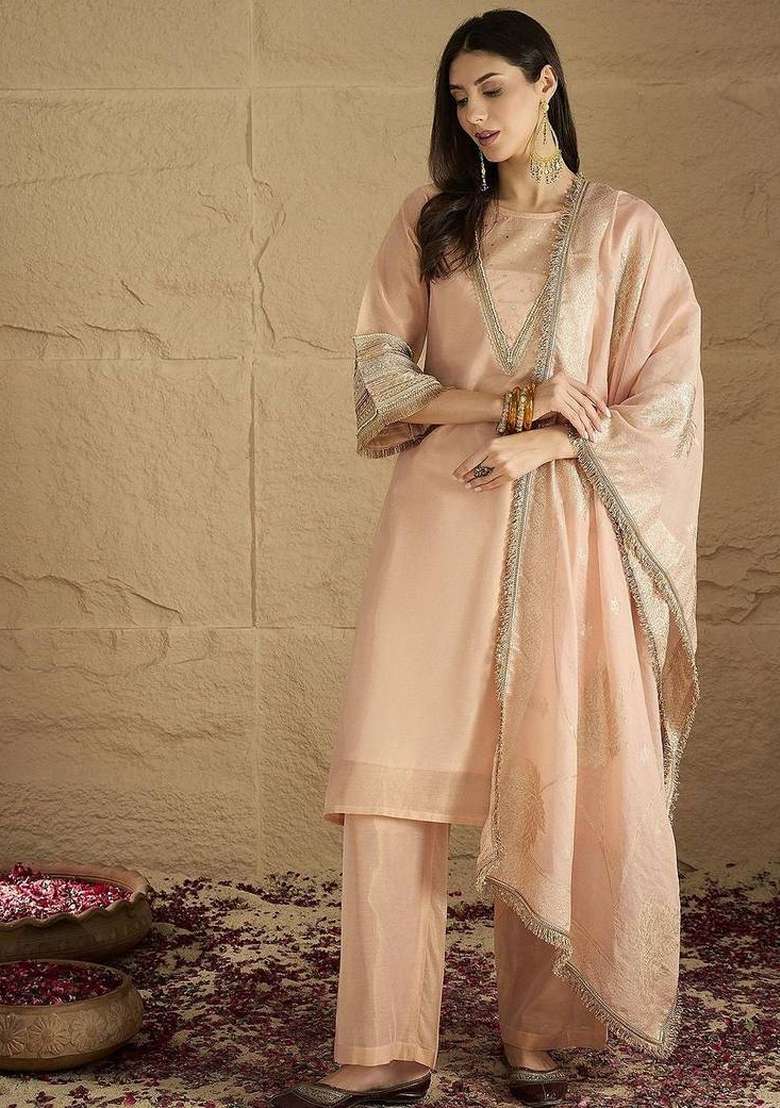 Peach Solid Silk Palazzo Set - Indya