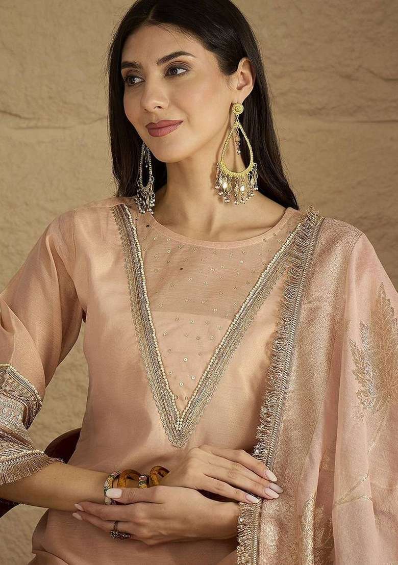 Peach Solid Silk Palazzo Set - Indya