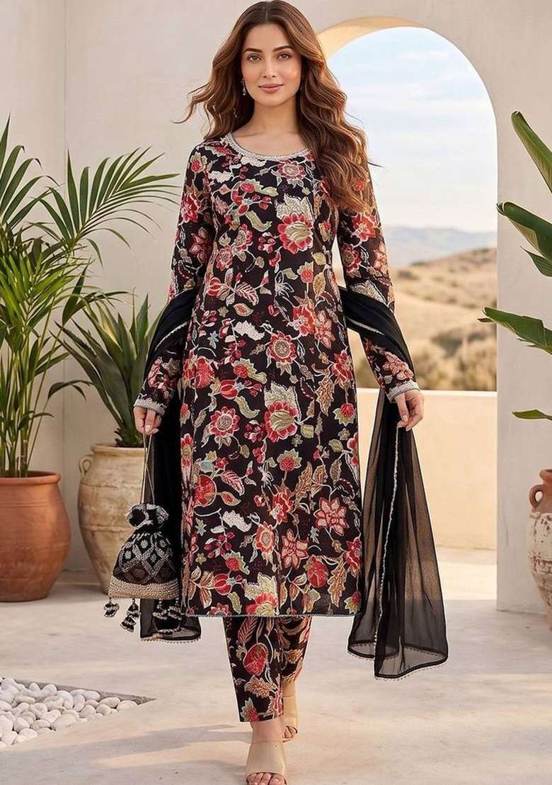 Black Printed Cotton Kurta Set - Indya