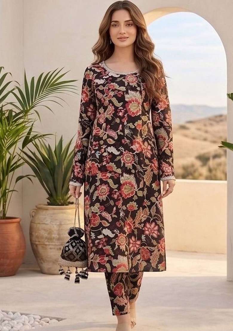 Black Printed Cotton Kurta Set - Indya