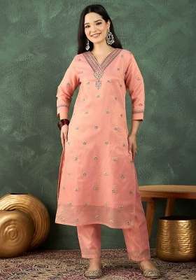 Peach Embroidery Silk Kurta Set