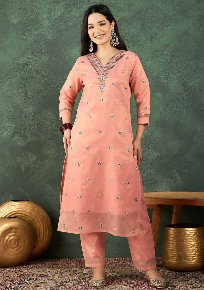 Peach Embroidery Silk Kurta Set - Indya