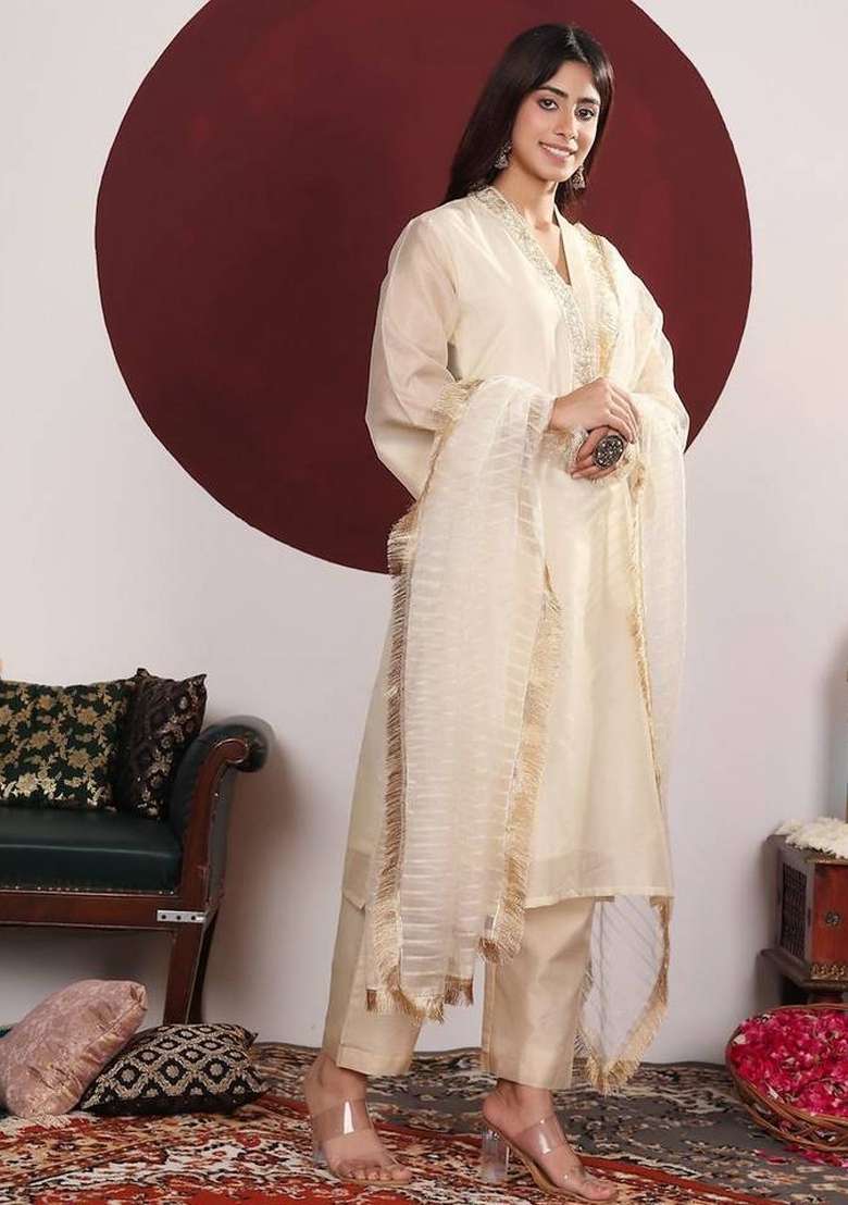 Cream Embroidery Silk Kurta Set - Indya