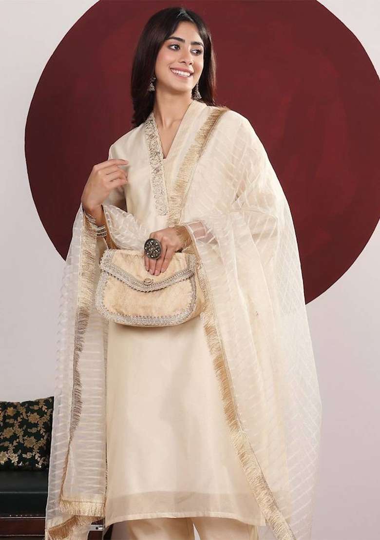 Cream Embroidery Silk Kurta Set - Indya