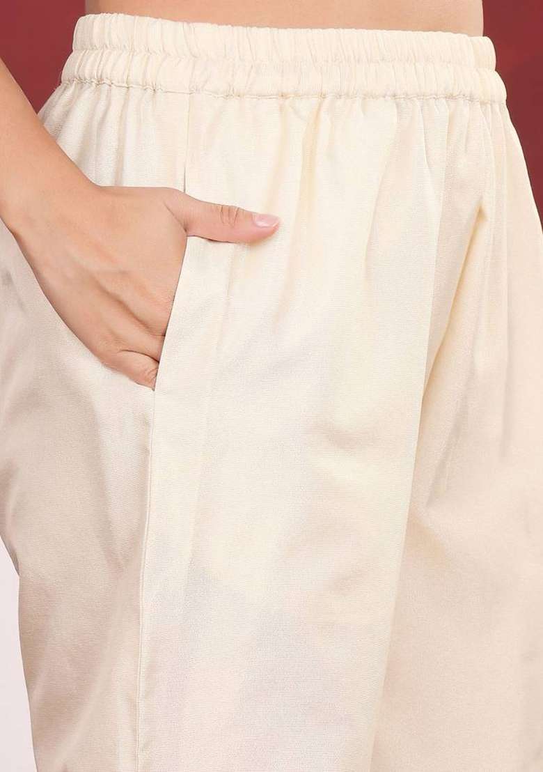 Cream Embroidery Silk Kurta Set - Indya
