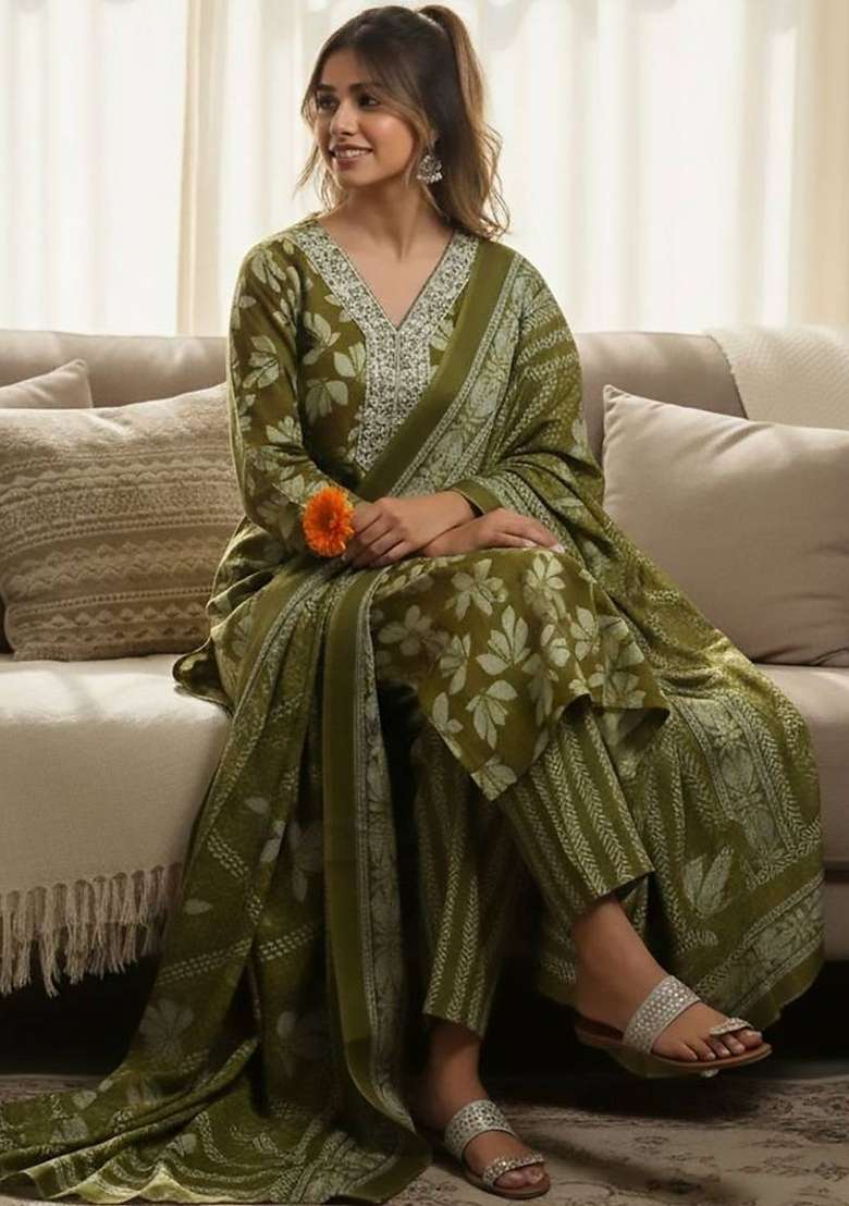 Olive Printed Cotton Kurta Set - Indya