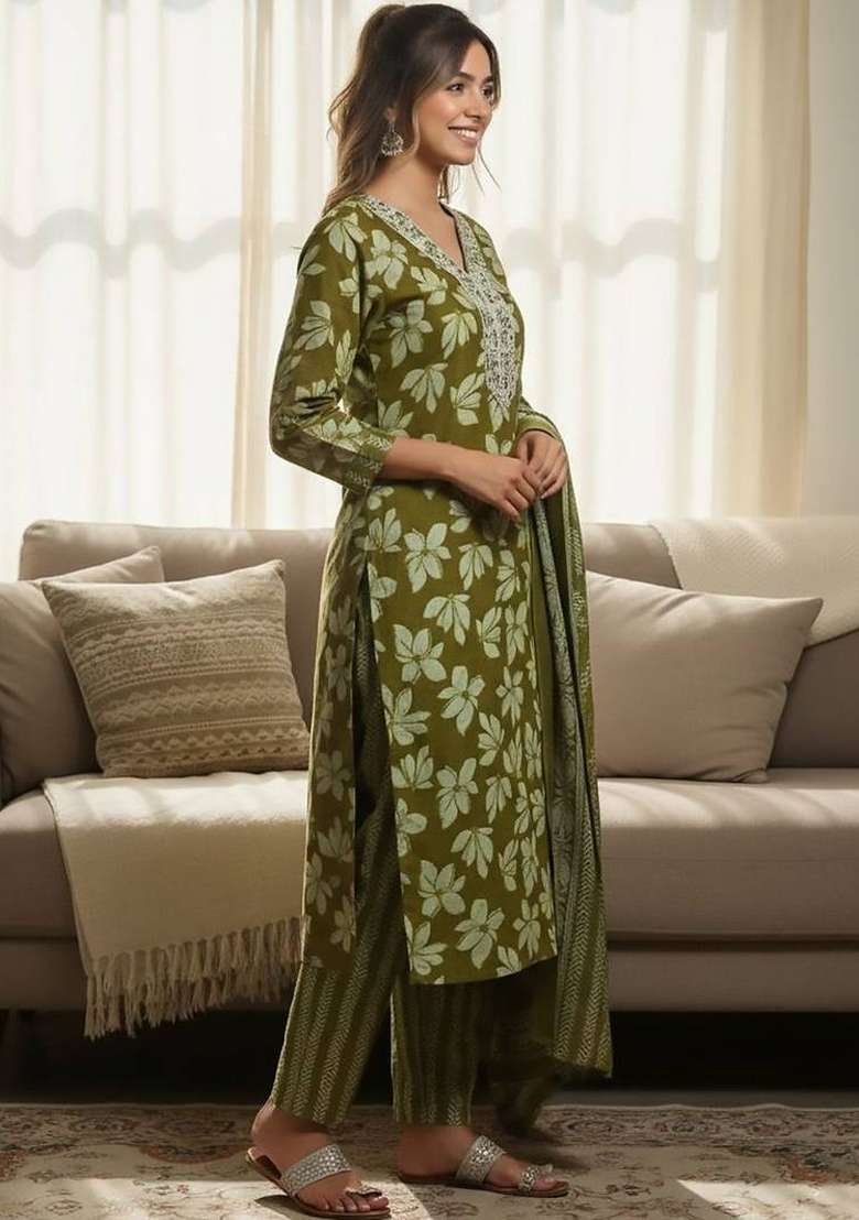 Olive Printed Cotton Kurta Set - Indya