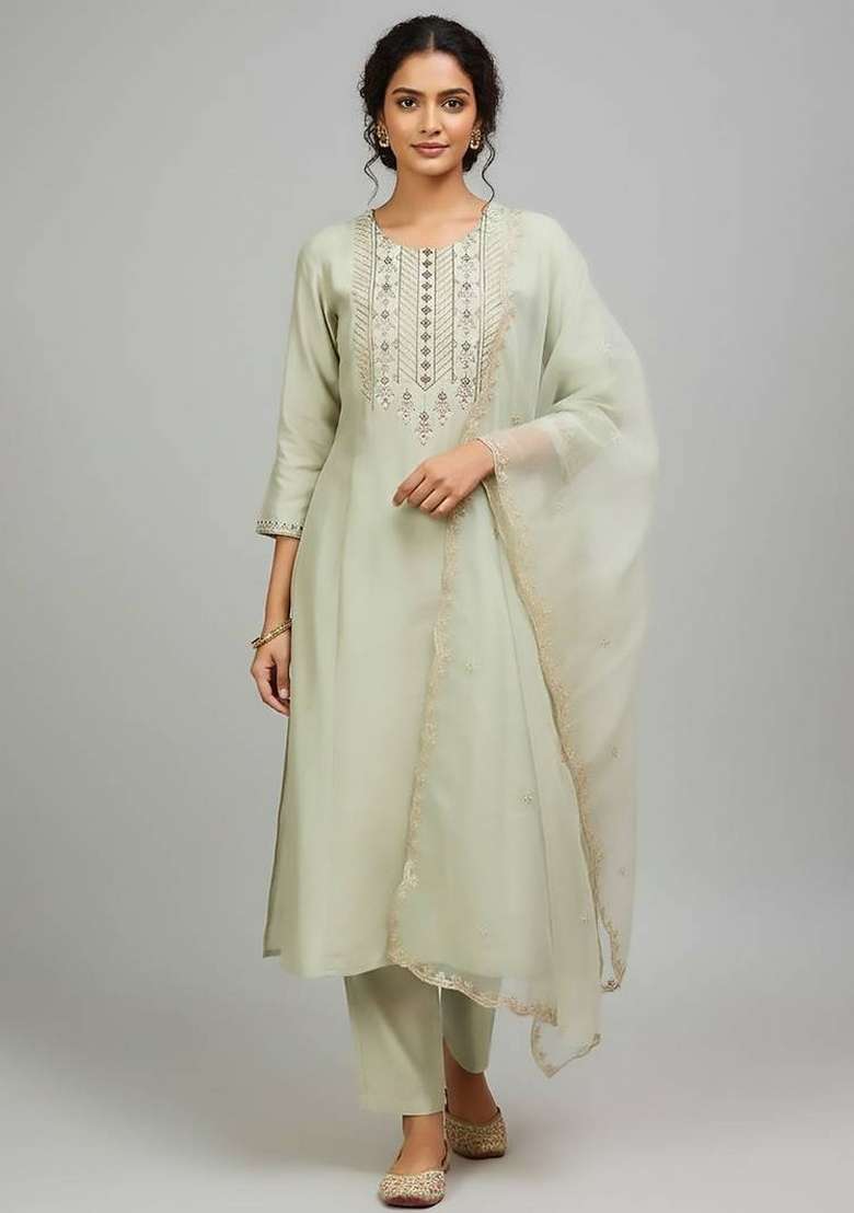 Sea Green Embroidery Cotton Kurta Set - Indya